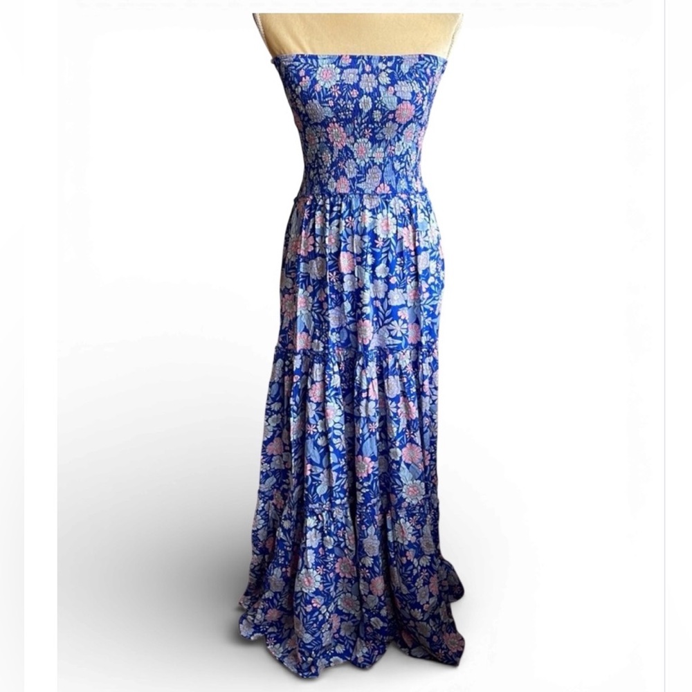 Abel the Label Anthropologie Bluebell Maxi Dress Blue Smocking Strapless SM EUC